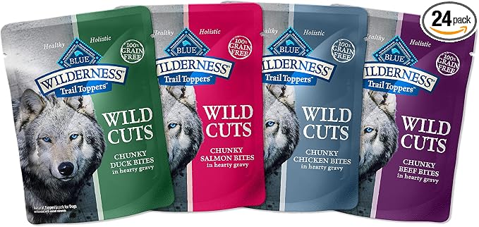 Blue Buffalo Wilderness Trail Toppers Wild Cuts High Protein, Natural Wet Dog Food Variety Pack, Beef, Salmon, Duck & Chicken, 3-oz Pouches, 24 Count