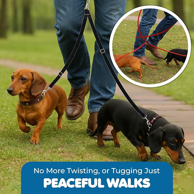 SunGrow 16-24" Adjustable Double Dog Walker Leash, Lightweight Dual Lead with 360° Swivel Zinc-Alloy Clips, Durable Polypropylene Strap, Fits Small to Medium Breeds, Ideal for Daily Walks & Training