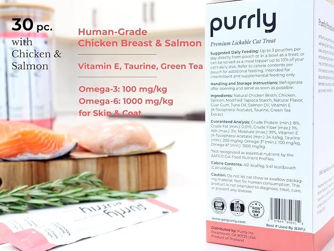 Purrly Low Calorie Premium Lickable Cat Treat Topper Healthy Chicken Variety Bundle (90 Count) Human-Grade Protein with Functional Nutrients Wet Squeeze Creamy Purée Grain-Free Non-GMO Low-Phosphorus