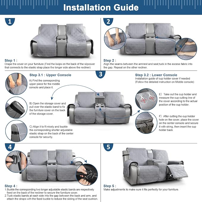 TAOCOCO Loveseat Recliner Cover with Center Console, 100% Waterproof Pet Covers for Dual Recliner with Straps Design, Split Reclining Loveseat Cover Furniture Pet&Kids Protector (2 Seater, Gray)