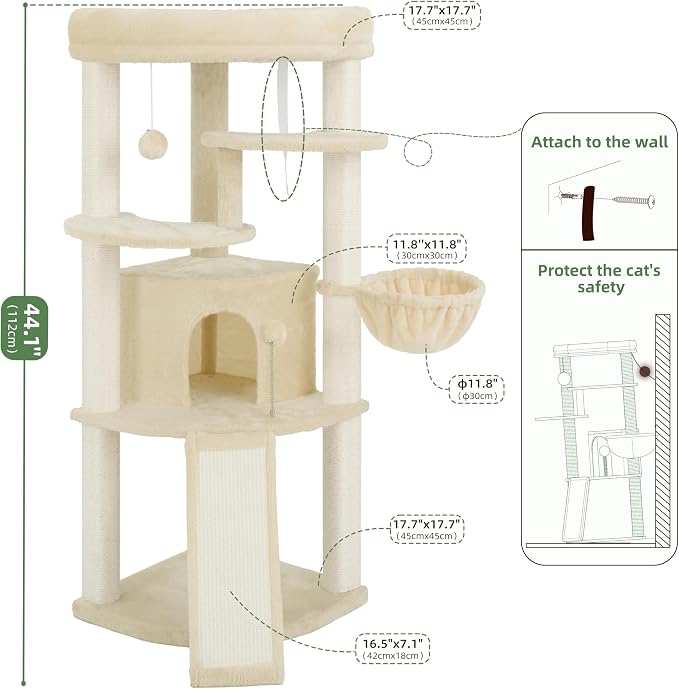 Gitelsnour Corner Cat Tree for Indoor Cats, Cat Tower with All Sisal Scratching Posts, Multi-Level Cat Condo wth Cat Cave, Large Top Perch, Hanging Basket, Sisal Scratching Ramp, Beige GCT025M