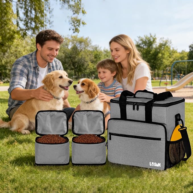5 Set Dog Travel Bag for Supplies, Dog Lovers, Large Pet Travel Kit Includes 2 Food Containers&2 Collapsible Bowls、Placemats,Grey