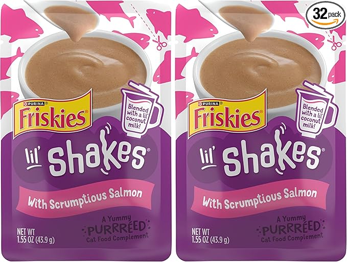 Friskies Purina Pureed Cat Food Topper,Lil’ Shakes with Scrumptious Salmon Lickable Cat Treats - 1.55 oz. Pouches,(Pack of 32)