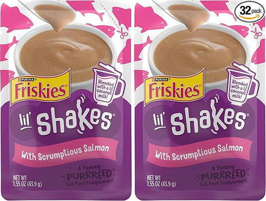 Friskies Purina Pureed Cat Food Topper,Lil’ Shakes with Scrumptious Salmon Lickable Cat Treats - 1.55 oz. Pouches,(Pack of 32)