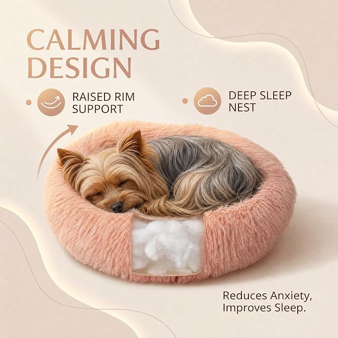Tiny Dog Bed 15 Inch for Extra Small Dogs,Washable Puppy Bed,Soft Faux Fur Calming Donut Bed for Chihuahua Yorkie Maltese Pomeranian,Pink