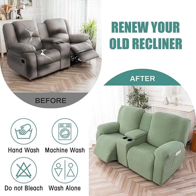 Genina Recliner Loveseat Covers with Console, Stretch Reclining Sofa Covers, 2 Seater Couch Cushion Stripe Jacquard Recliner Slipcovers - Furniture Protector Covers for Pet(Matcha Green)
