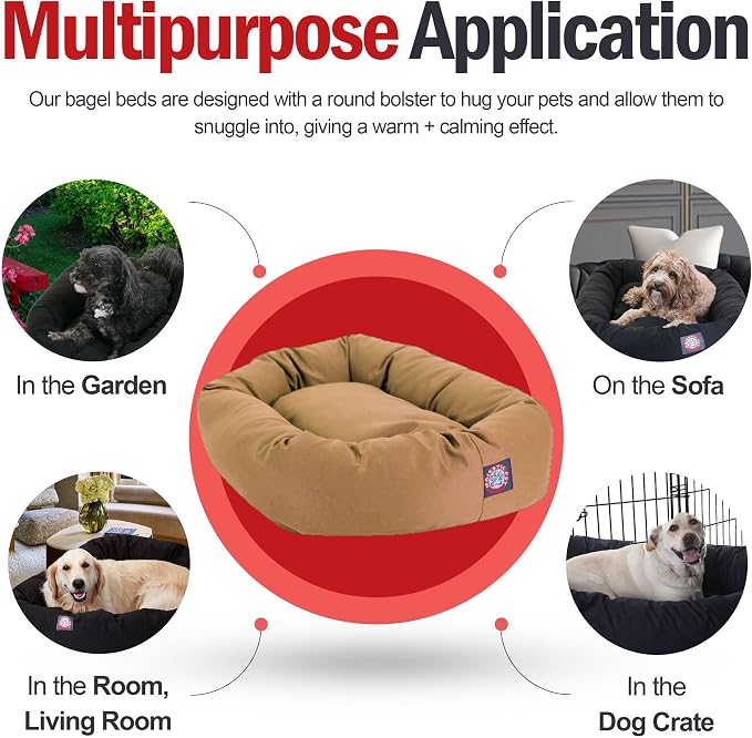 Majestic Pet 24 Inch Bagel Calming Dog Bed Washable – Cozy Soft Round Dog Bed with Spine Support for Dogs to Rest their Head - Fluffy Donut Puppy Mat 24x19x7 (Inch) Small – Khaki