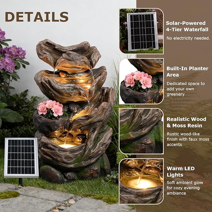 4-Tier Solar Water Fountain Outdoor Cascading Realistic Tree Trunk Waterfall Outdoor Fountains for Garden, Patio, Backyard, Deck, Porch, 25.2" H x 14.56" L x 10.24" W