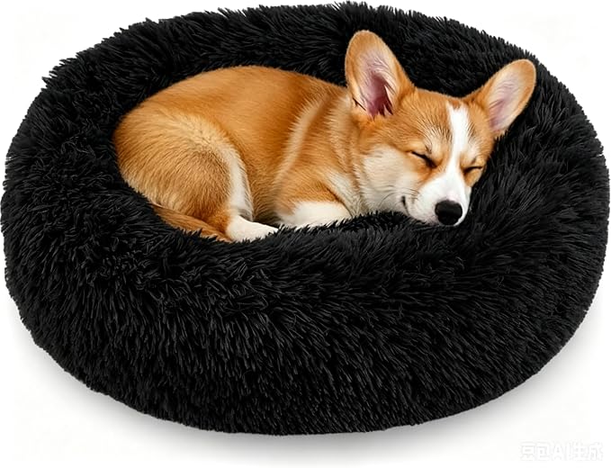 Calming Donut Dog and Cat Bed for Indoor Cats, Anti-Anxiety Round Fluffy Soft Washable Small Pet Bed for Puppy and Kitten, Warming Comfortable Luxury Anti-Slip Waterproof Mute Base 20in Black