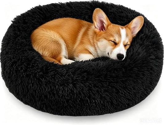 Calming Donut Dog and Cat Bed for Indoor Cats, Anti-Anxiety Round Fluffy Soft Washable Small Pet Bed for Puppy and Kitten, Warming Comfortable Luxury Anti-Slip Waterproof Mute Base 20in Black
