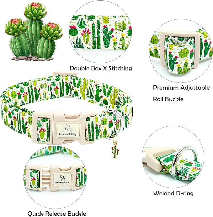 Lionheart glory Dog Collar Green Cactus Print Collar for X-Small Dogs Spring Summer Female or Male Collars Pet Gift Adjustable Heavy-Duty Cute Puppy Collars