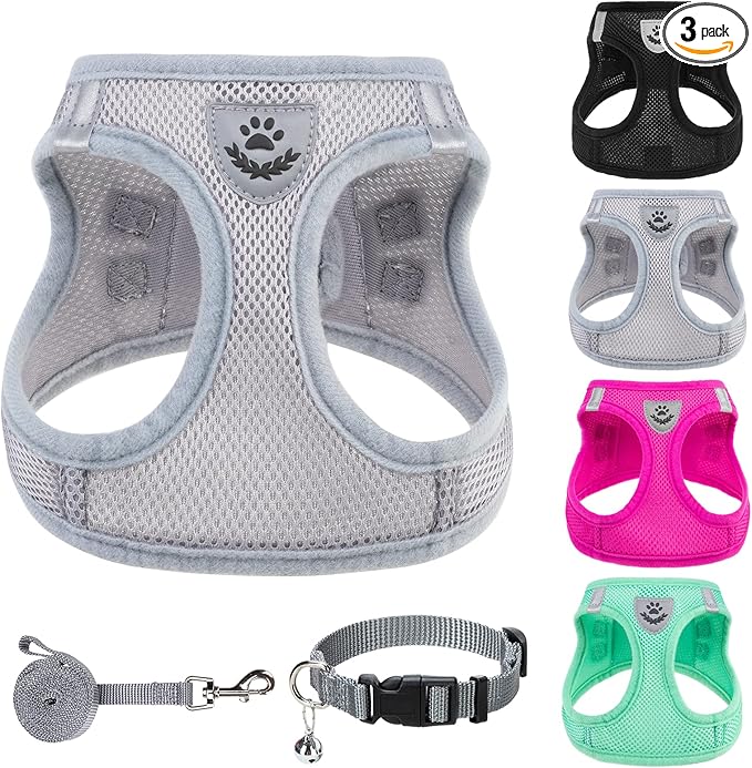 PUPTECK Adjustable Dog Harness Collar and Leash Set Step in No Pull Pet Harness for Small Medium Dogs Puppy and Cats Outdoor Walking Running, Soft Mesh Padded Reflective Vest Harnesses, Solid Grey S