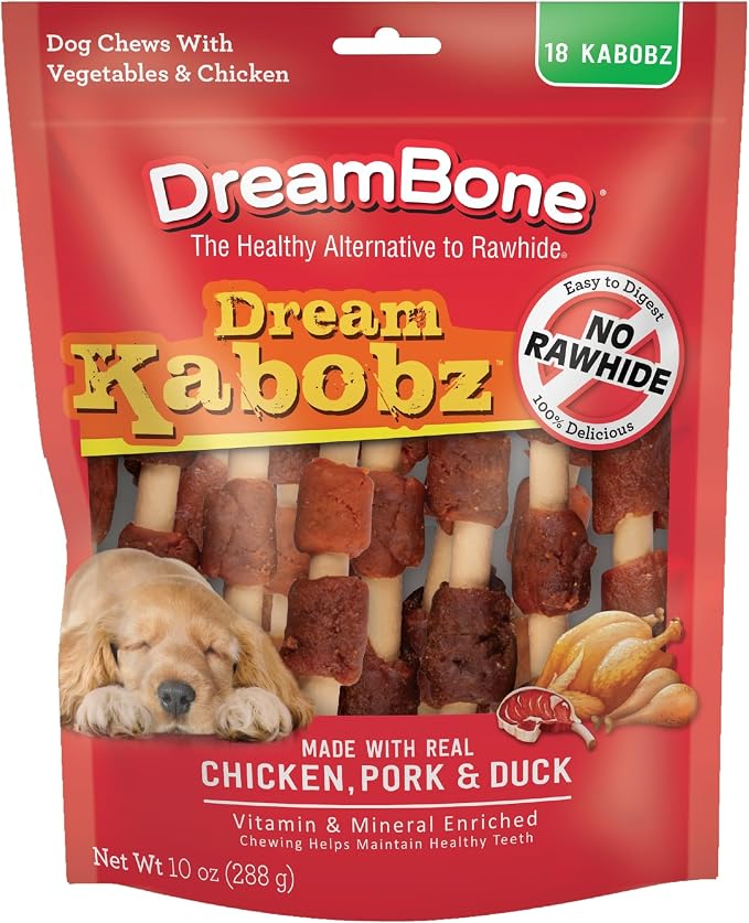 DreamBone Kabobz Dog Treats, Daily Rawhide-Free Chew, Digests Safely and Completely, With Real Protein, Chicken, Duck, Pork and Veggies, 18 count