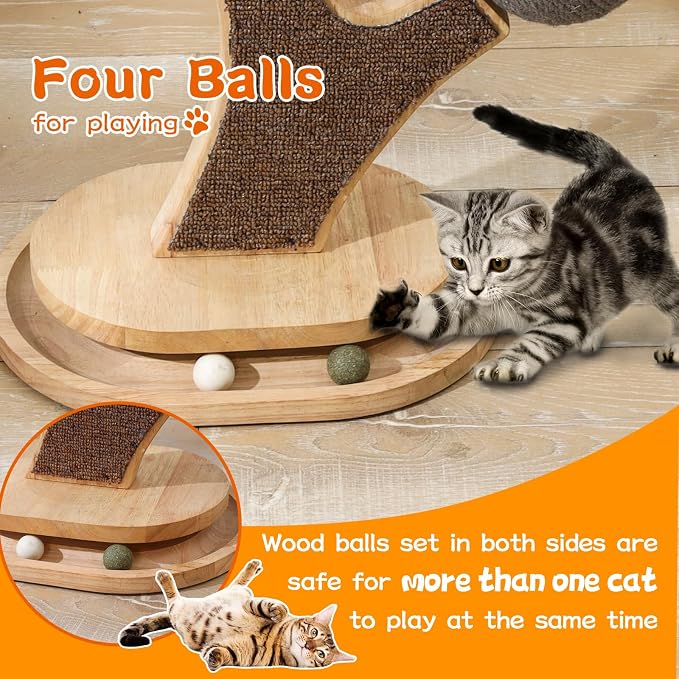 Cat Tree Cat Scratching Post with Vertical Cat Scratcher, Interactive Toy Balls, Handmade Cat Furniture with Natural Materials, Cute Kitten Scratch Post, Easy-to-Clean
