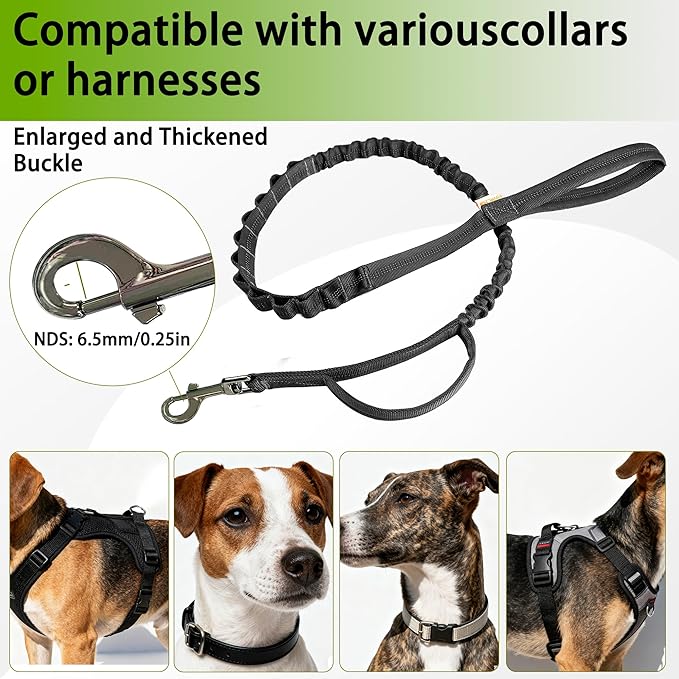FOVRLZSE Reflective Bungee Dog Leash(Black) - 4FT to 5FT Adjustable Shock Absorbing Leash with Double Padded Handle & 360° No Tangle Metal Clasp for Small Medium Large Dogs