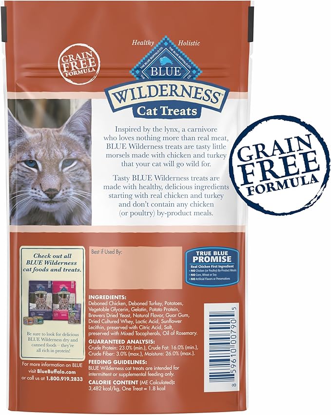 Blue Buffalo Wilderness Soft Cat Treats, Grain-Free and Protein-Rich, Great for Training, Chicken & Turkey Recipe, 2-oz. Bag (Pack of 12)