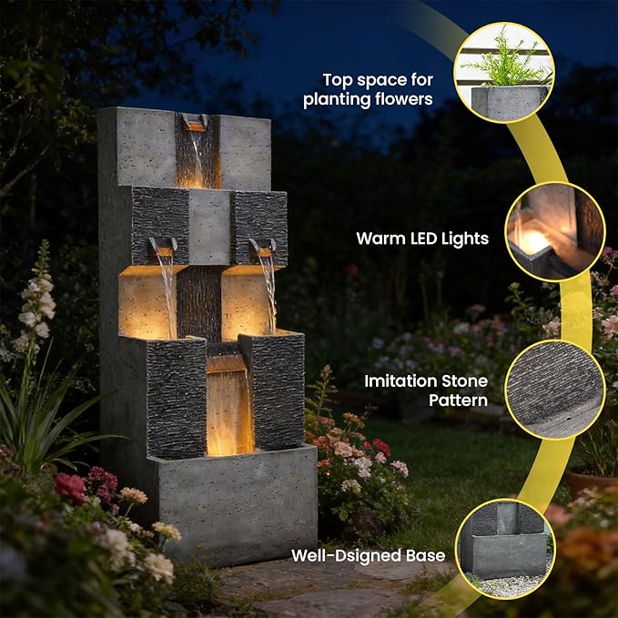 Sunlinua 45H Modern Grid Outdoor Water Fountain with LED Light Garden Cascading Waterfall Feature for Indoor or Outdoor Cascading Waterfall for Relaxing Garden Patio Backyard Deck Porch or Home Décor