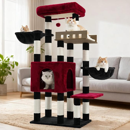 Gitelsnour Cat Tree for Indoor Cats Large Adult, Heavy Duty Cat Tree for Large Cats 20 lbs+, Cat Condo with Big Wooden Perch, Cat Tower with 14 Scratching Posts, Hammock, Black GCT023BR