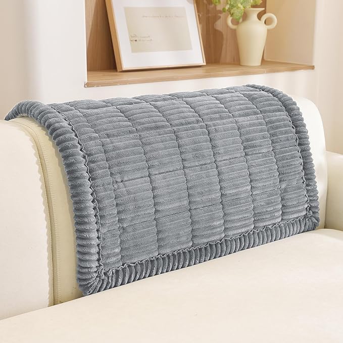 Royhom Headrest Armrest Cover, Couch Back Cover, Thick Soft Couch Arm Covers, Arm Chair Covers for Pets Recliner Loveseat Leather Cushion L Shaped Sofa (Blue-Grey, 35.4 x 35.4 Inch)