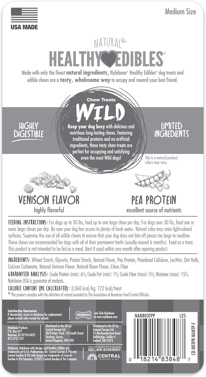 Nylabone Healthy Edibles WILD Natural Dog Chew Treats for Large Dogs, Long Lasting Dog Healthy Chew Antler Bone Made in USA, Venison Flavor, For Dogs Up to 50 lbs. (2 Count)