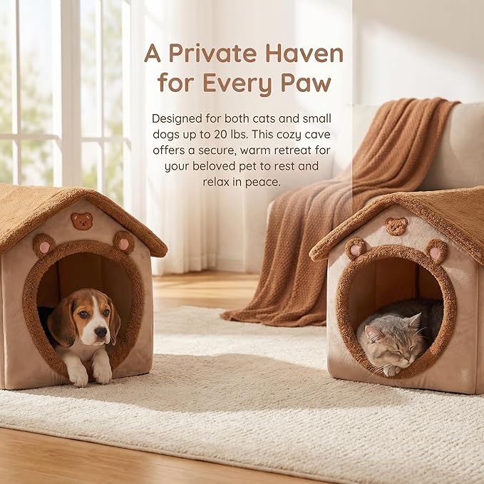AED Cave-Style Dog Bed with Non-Slip Bottom, Enclosed Pet Bed for Small Dogs & Cats, M Size Cozy Tent House for 6-11 Lb Puppies and 9-17 Lb Kittens, Brown
