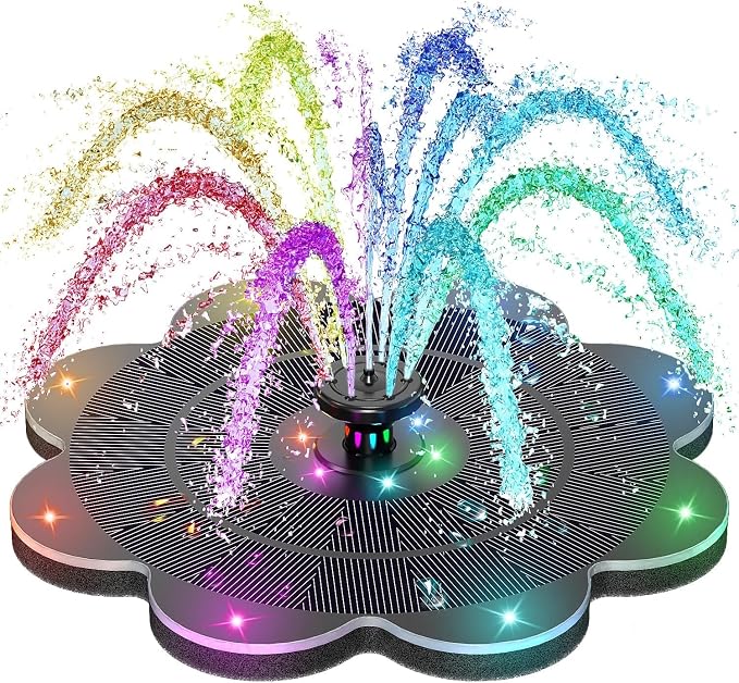 SZMP Flower Shape 3.5W Solar Powered Water Fountain with 2000mAh Battery & Colorful RGB Light Show, Anti-Drift Fixer & 7 Nozzles, Solar Fountain for Bird Bath, Garden Decor