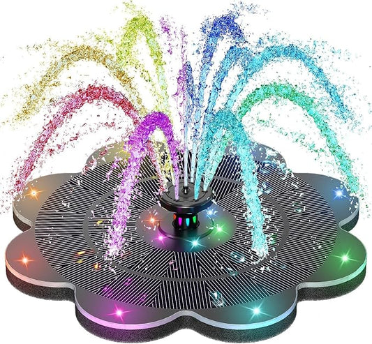 SZMP Flower Shape 3.5W Solar Powered Water Fountain with 2000mAh Battery & Colorful RGB Light Show, Anti-Drift Fixer & 7 Nozzles, Solar Fountain for Bird Bath, Garden Decor
