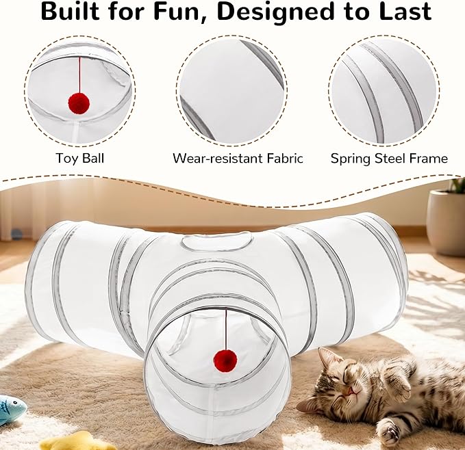 Tempcore Cat Tunnel for Indoor Cats, 3 Way Collapsible Pet Play Tunnel with Teaser Wand, Peek Holes & Hanging Ball, Interactive Tube for Kittens & Rabbits, White & Light Grey