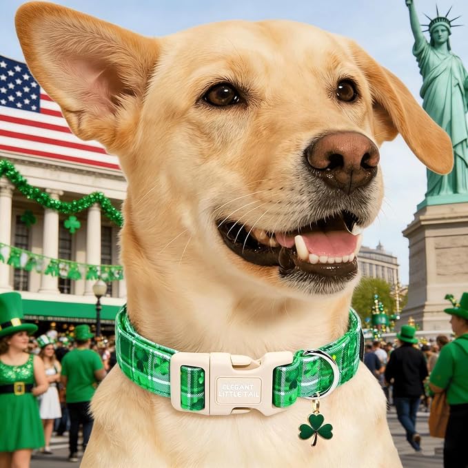 Elegant little tail St Patrick's Dog Collar - Green Plaid Cute Clover Cotton Shamrock Pet Collar Trefoil Adjustable Cotton Pet Collar with Quick Release Buckle for X-Small Dogs