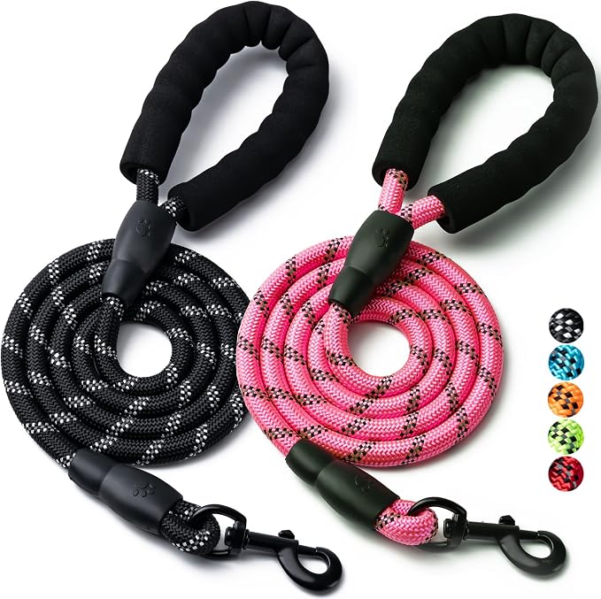 2 Pack Dog Leash, 4/5//6 FT Heavy Duty Nylon Rope Pet Leashes with Comfortable Padded Handle, Reflective Dog Leashes for Small Medium and Large Dogs (4FT-1/2,Black/Pink)