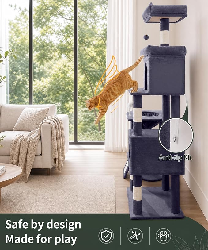 68 Inches Heavy Duty Cat Tree for Indoor Cat, Big Cat Tower with Sisal Scratching Posts and Top Perch, Large Platform for Adult Cats, PMT02DG, Dark Grey