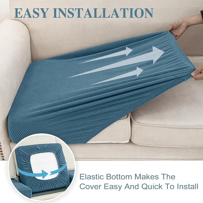 LA MEACK Couch Cushion Covers for Sectional Sofa L Shape Washable Separate Seat Chaise Couch Cover Stretch Sofa Slipcovers with 2 Pcs Pillowcases(3 Seater + 1 Chaise, Blue)