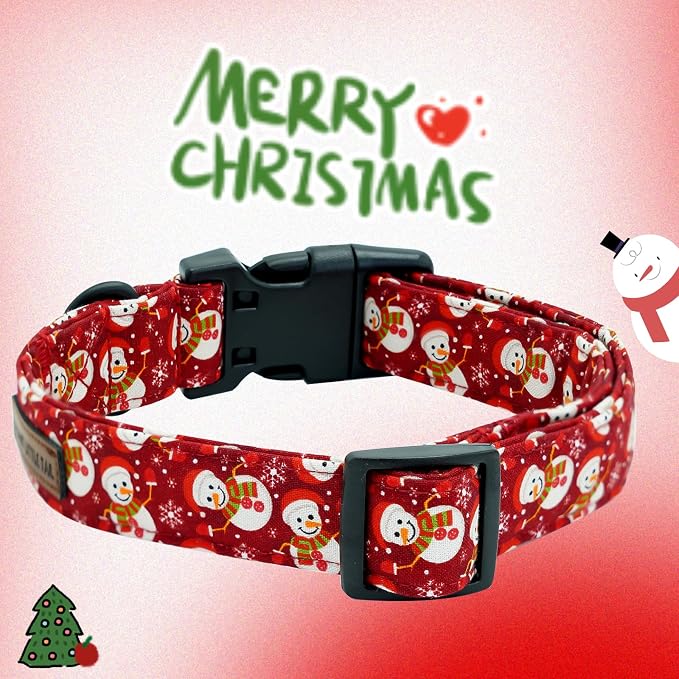 Elegant little tail Christmas Dog Collar, Snowman Print Pet Collar Cotton Soft Plastic Buckle Sturdy Puppy Collars Holiday Female or Male Adjustable Collar for X-Small Puppy