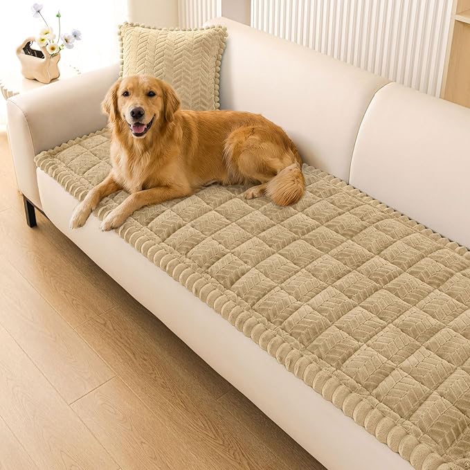 Smiry Couch Cover for Dogs, Non Slip Fuzzy Pet Sofa Covers Washable for 3 Cushion Couch, Soft Thick Furniture Protector for Cats Dogs, Against Fur, Dirt, Scratch Resistant (Khaki, 27.6"x88")