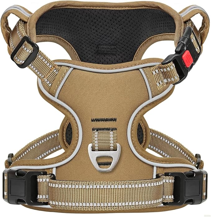Timos Dog Harness Small Sized, No Pull Pet Harness with Neck Lockable Snap,No Choke Front Clip Dog Reflective Vest,Adjustable Metal Rings 3 Buckles,Easy Control Handle for Small Dogs Khaki S