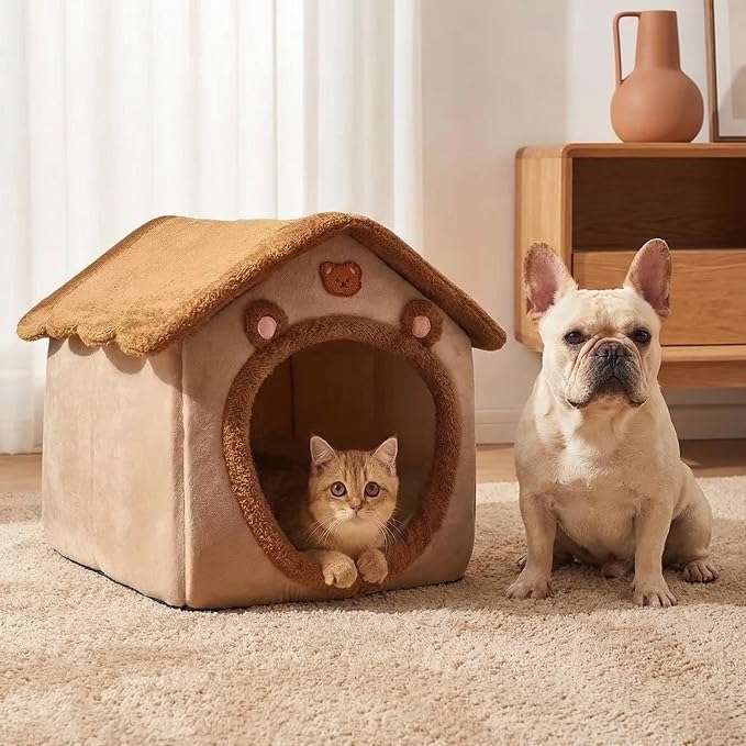 AED Cave-Style Dog Bed with Non-Slip Bottom, Enclosed Pet Bed for Small Dogs & Cats, M Size Cozy Tent House for 6-11 Lb Puppies and 9-17 Lb Kittens, Brown