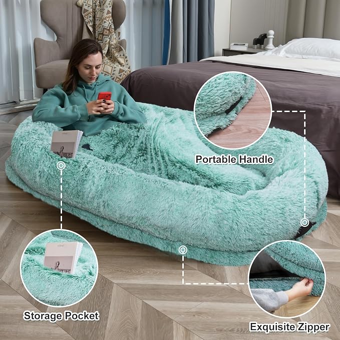 YAEM Human Dog Bed for Adult and Pets - 71"x45"x12" Dogs Beds for Humans with Washable Faux Fur Cover, Plump Pillow, Blanket, Orthopedic Design, Strap-GreenWhite