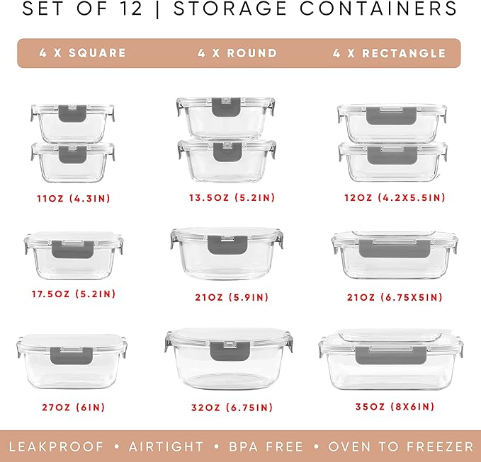 JoyJolt 24pc Borosilicate Glass Storage Containers with Lids | 12 Airtight/Freezer Safe Food Storage Containers for Pantry and Kitchen | Meal Prep Container for Lunch | Glass Tupperware Set