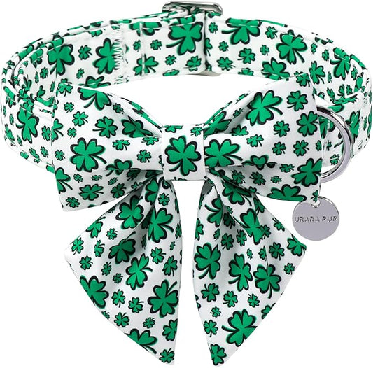 St. Patrick's Day Dog Collar with Bow Tie, Cotton St. Patrick's Day Bowtie Collar for Girl Boy Dog, Lucky Shamrock Dog Collar with Metal Buckle, Spring, L