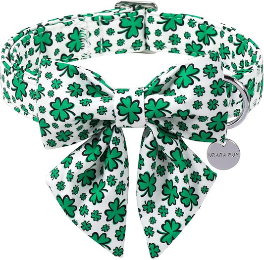 St. Patrick's Day Dog Collar with Bow Tie, Lucky Shamrock Bowtie Collar Adjustable for Girl Boy Dog, Trefoil Dog Collar Durable, Spring Green Collar for Dogs, M