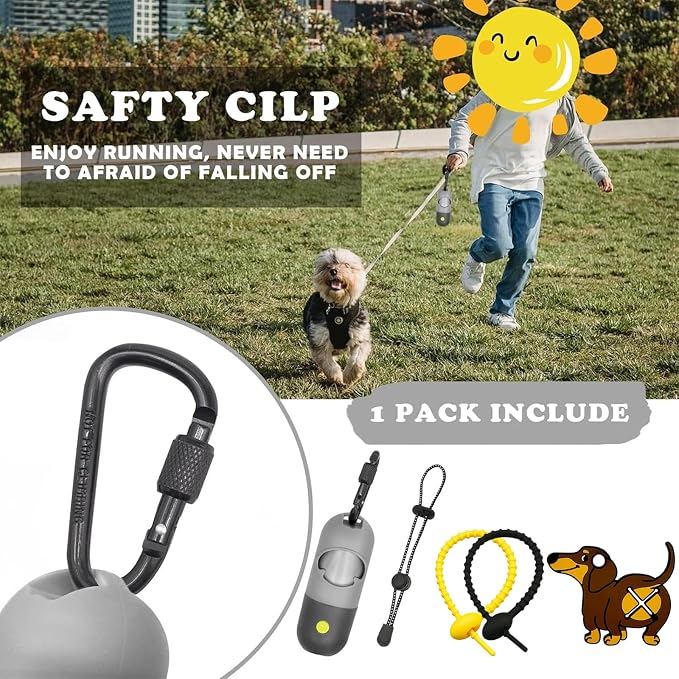 Dog Poop Bag Holder with LED Flashlight for Night Walks,Silicone Tether &Dachshund Pattern Clip for Used Bags, Hands-Free Metal Leash Carabiner, 15 Scented Waste Bags (Gray)