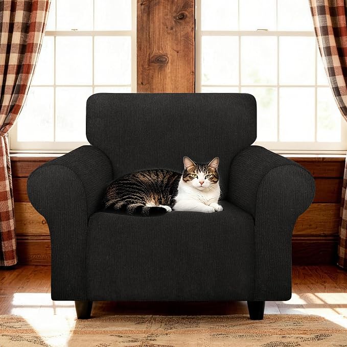 Waterproof Stretch Spandex Chair Sofa Slipcover,Washable Non-Slip Soft Couch Cover with Elastic Bottom, Leakproof Furniture Protector for Kids, Pets, Dogs & Cats (Chair, Black)