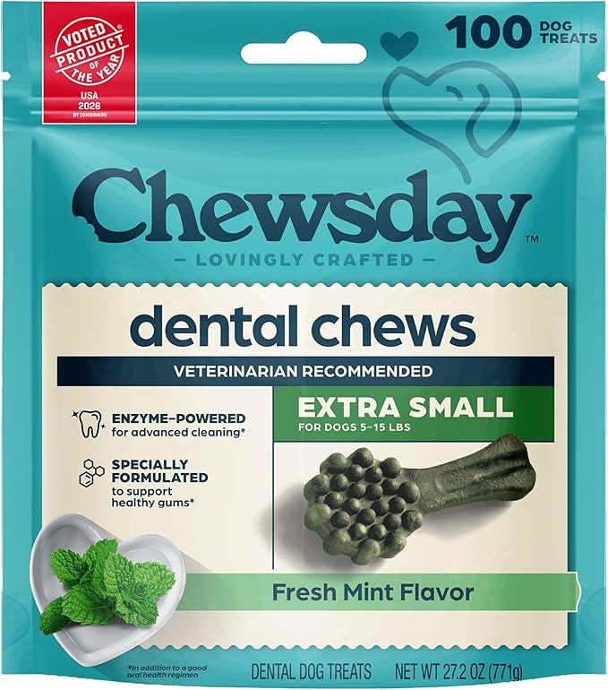 Chewsday Fresh Mint Flavor Dental Chews, Extra Small Dog Treats, Healthier Teeth and Fresher Breath, Enzyme Powered for Advanced Cleaning, Made in the USA, 100 Count