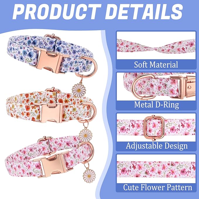 3 Pack Floral Dog Collars for Medium Dogs Flower Dog Collars with Pendant for Girl Female Dogs Cute Puppy Pet Collar (12-18.9 inch)
