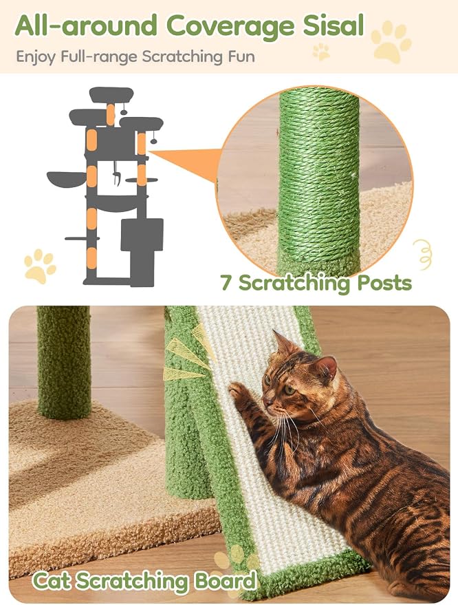Taoqimiao 76-Inch Cat Tree XXL for Large Cats, Giant Cat Tower with Scratching Board, Extra-Large Metal Hammock, 3 Perches, 7 Sisal Posts, 2 Big Condos, Hanging Basket, Cactus, MS047T