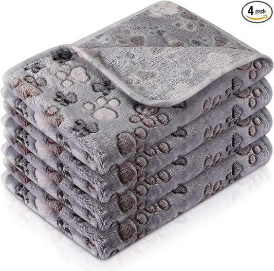 Tatuo 4 Pack Fleece Dog Blankets for Puppy Cats Multi-Size Sleep Mat for Pet Guinea Pig Soft Washable Warm Crate Bed Puppy Teething Toys Print Pattern Blanket Indoor(Gray,24 x 16 Inch,Paw)