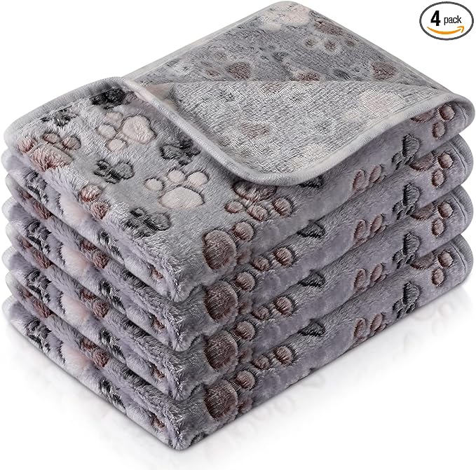 Tatuo 4 Pack Fleece Dog Blankets for Puppy Cats Multi-Size Sleep Mat for Pet Guinea Pig Soft Washable Warm Crate Bed Puppy Teething Toys Print Pattern Blanket Indoor(Gray,30 x 20.5 Inch,Paw)