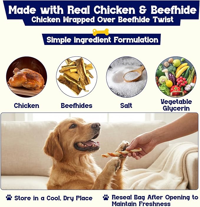 Beefeaters Beefhide 5in Twist Sticks with Real Chicken 26oz - Dog Rawhide Chews for Clean Teeth & Training, High Protein Dog Treat Chews, Chicken Wrapped Rawhide Sticks, No Artificial Colors or Flavor