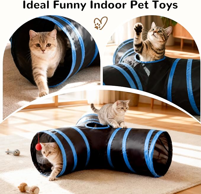 Tempcore Cat Tunnel for Indoor Cats, 3 Way Collapsible Pet Play Tunnel with Teaser Wand, Peek Holes & Hanging Ball, Interactive Tube for Kittens & Rabbits, Black & Royal Blue