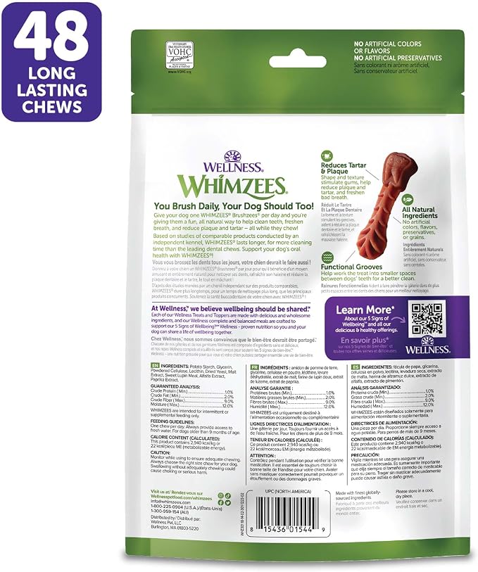 Wellness Whimzees Brushzees Natural Dog Dental Treat, VOHC Accepted Chews, Freshens Breath, Extra-Small Size, 12.7 oz Bag, 48 Count (Pack of 2)
